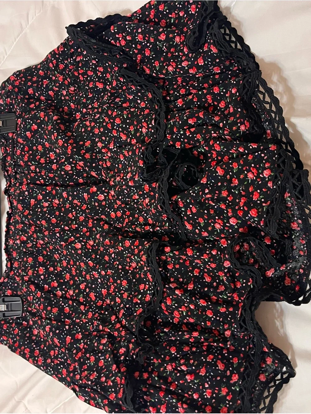 Black Floral Ruffle Skort For Women with Red Rose Print